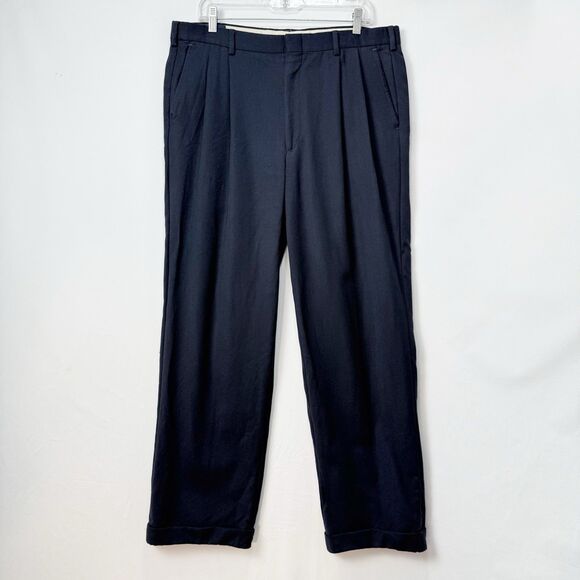 Vintage 80s Todays Man Wool Pleated Trouser Black 36x32 Cuffed - Picture 1 of 16